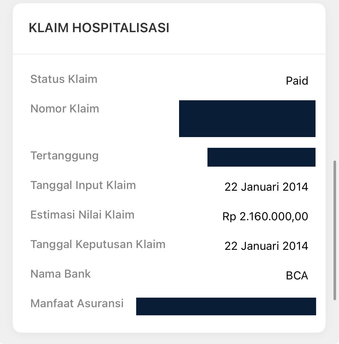 Klaim hospitalisasi berstatus Paid