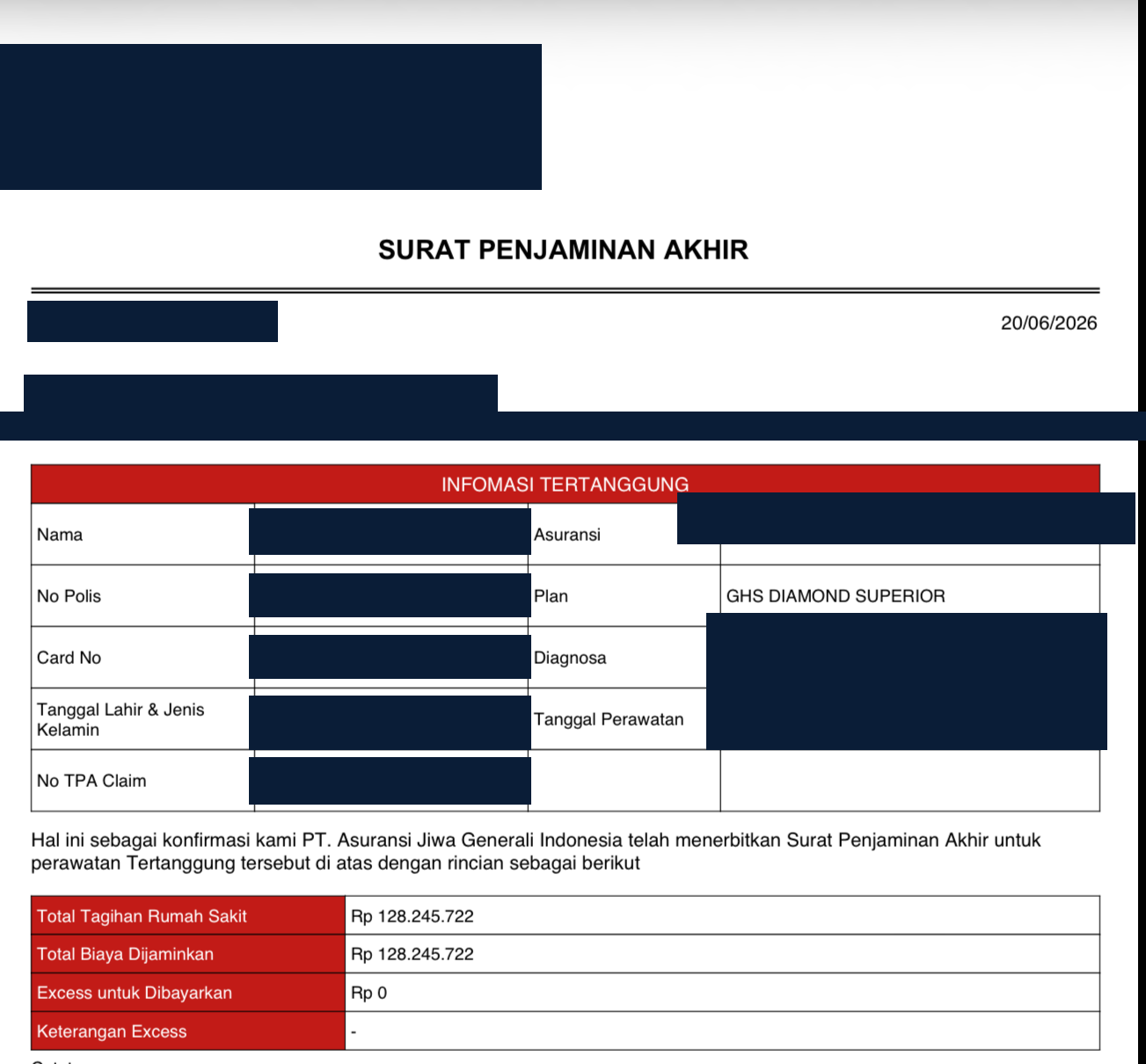 Surat Penjaminan Akhir klaim hospitalisasi