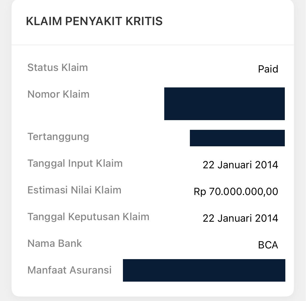 Klaim penyakit kritis berstatus Paid