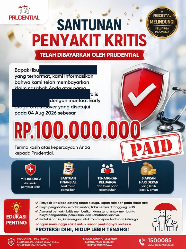 Santunan penyakit kritis dibayarkan Prudential