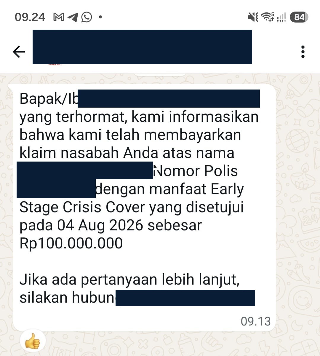 Notifikasi WhatsApp klaim penyakit kritis dibayarkan