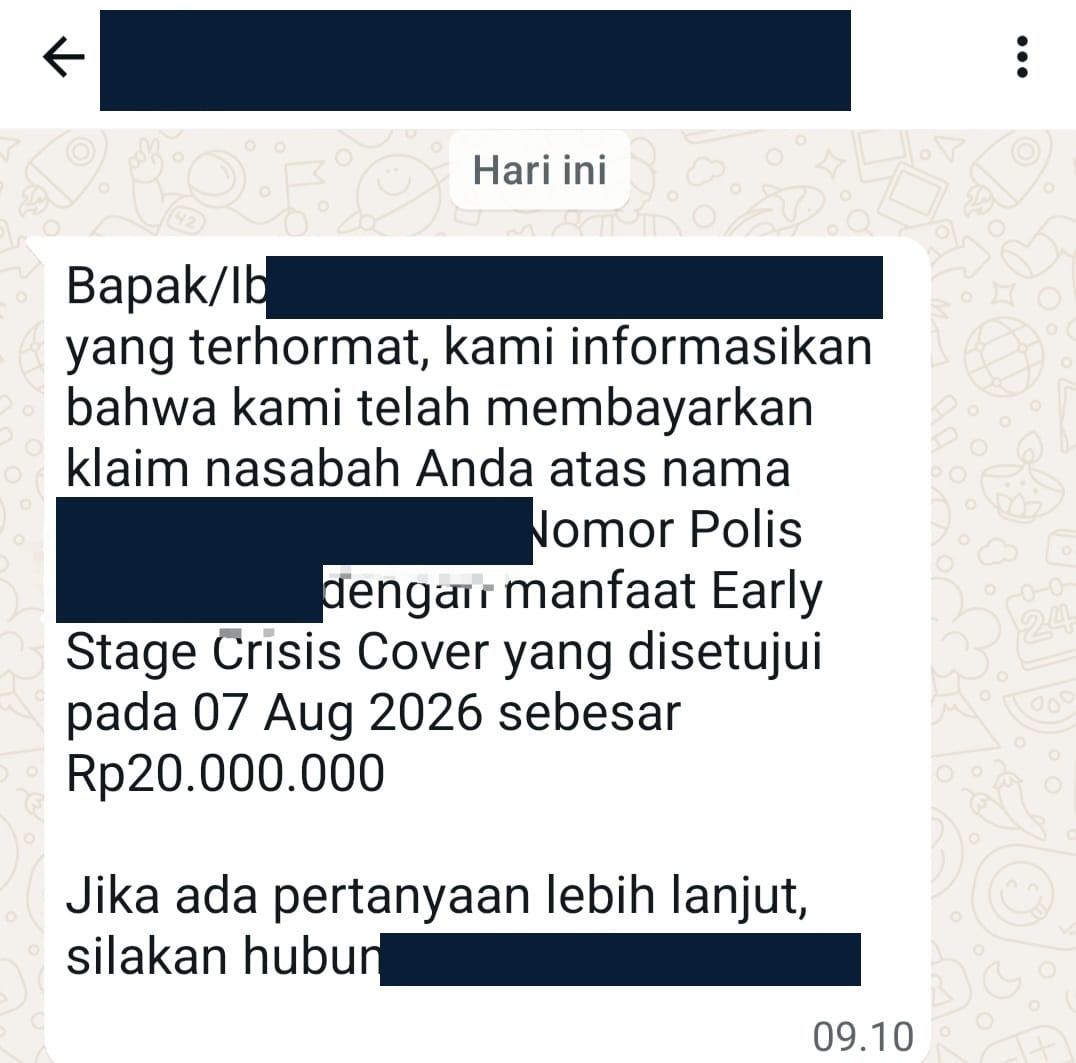 Notifikasi WhatsApp klaim penyakit kritis Rp20 juta
